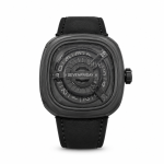 ساعت مچی مردانه طرح سون فرایدی (SevenFriday) | قاب مربعی صنعتی با صفحه اسکلتون و بند چرمی